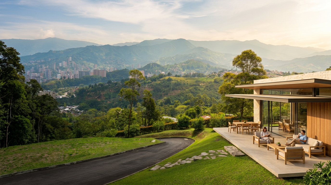 Casa y pareja imaginadas sobre el paisaje de Paradise