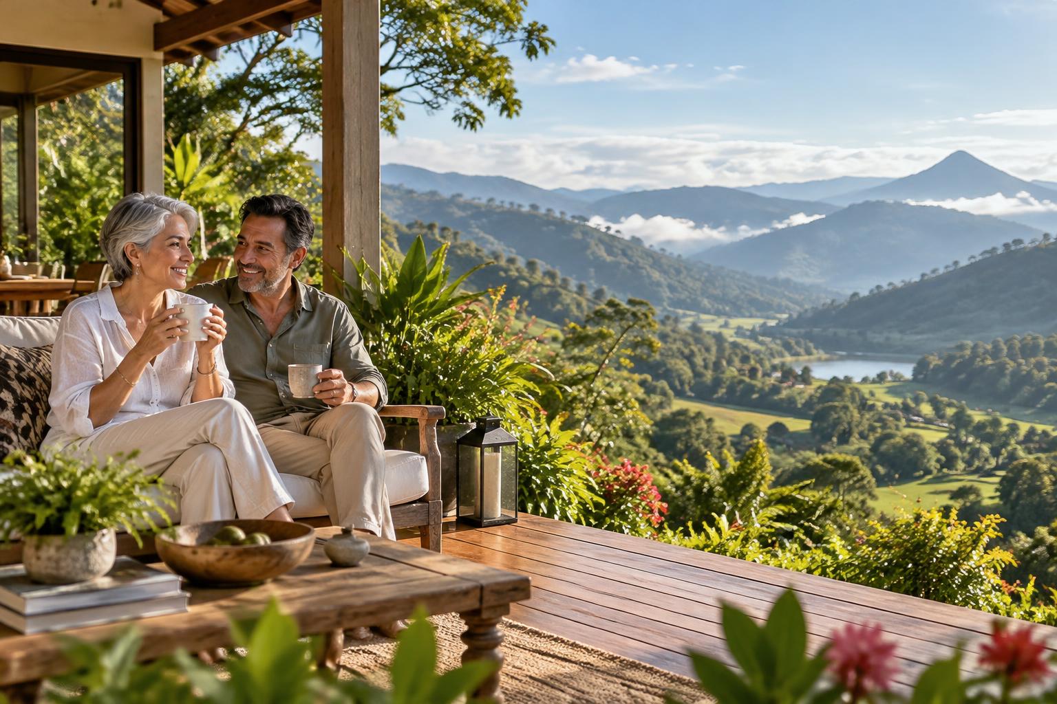 Pareja disfrutando un café en una terraza · Escena ilustrativa; personas, casa y paisaje imaginados